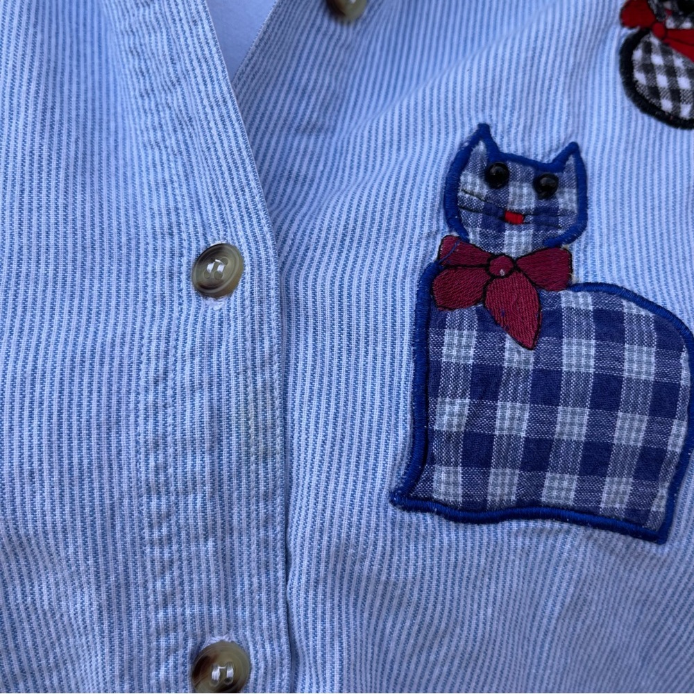 Vintage Button Front Patchwork Cat Print Blue Cha… - image 3